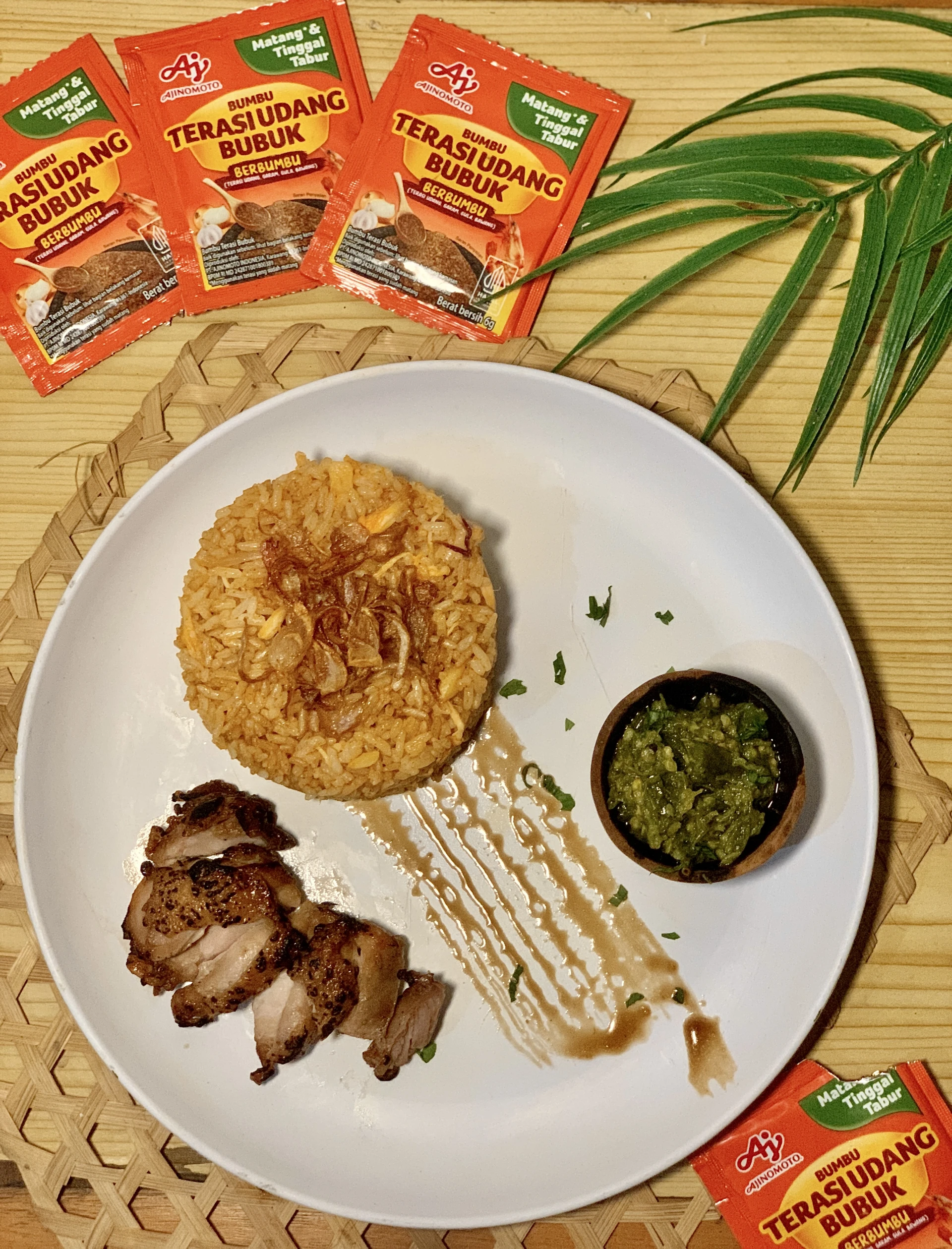 Nasi Goreng Sagela with ayam bakar terasi udang sambal ijo andaliman