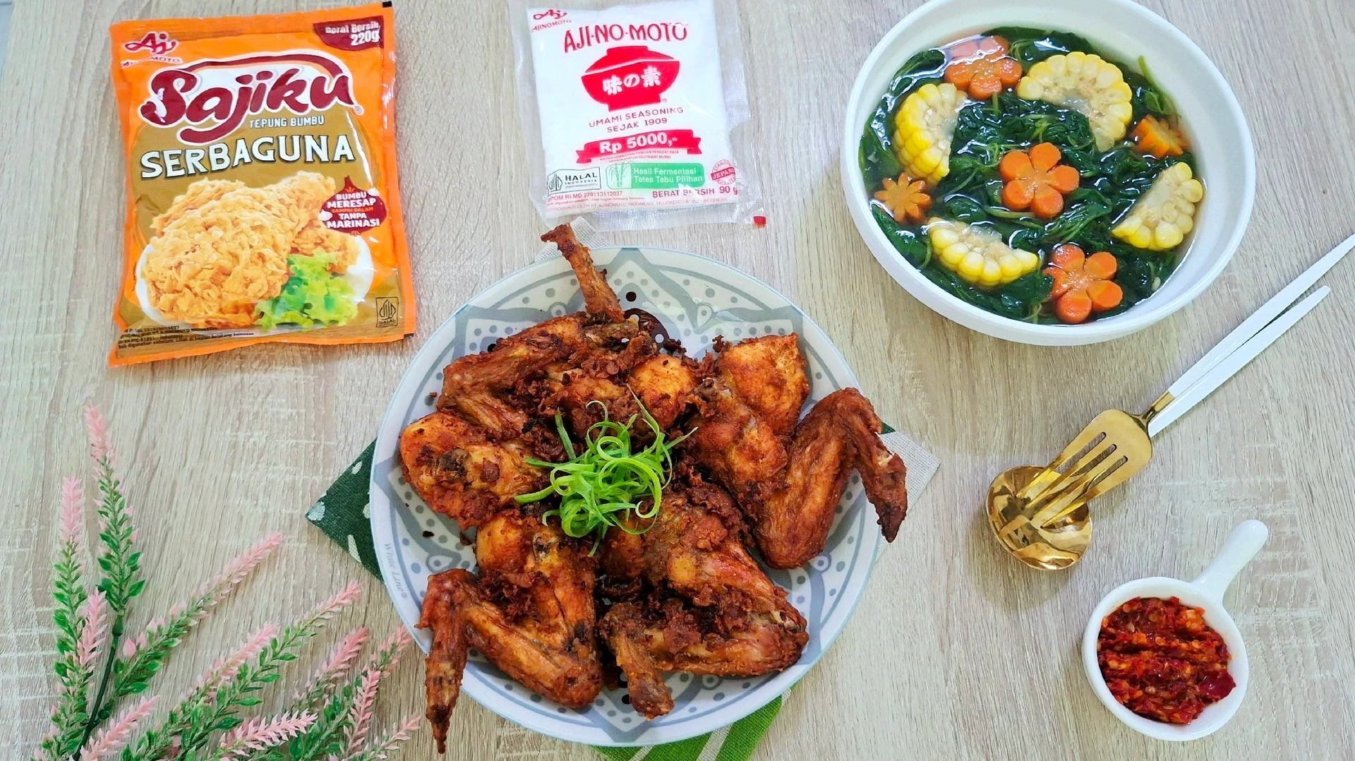Menu Day 1 #7HariDapurBijak Sayur Bayam ala Ajinomoto&Ayam Goreng Tepung Bumbu Ketumbar ala Sajiku