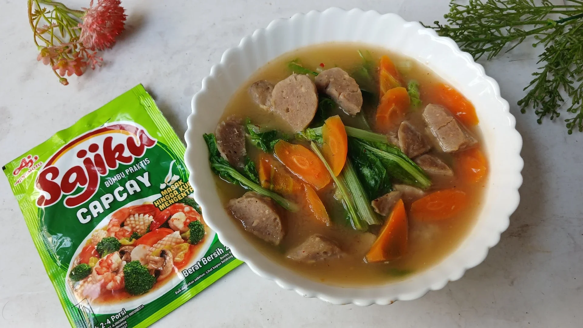 Capcay bakso Sawi keriting