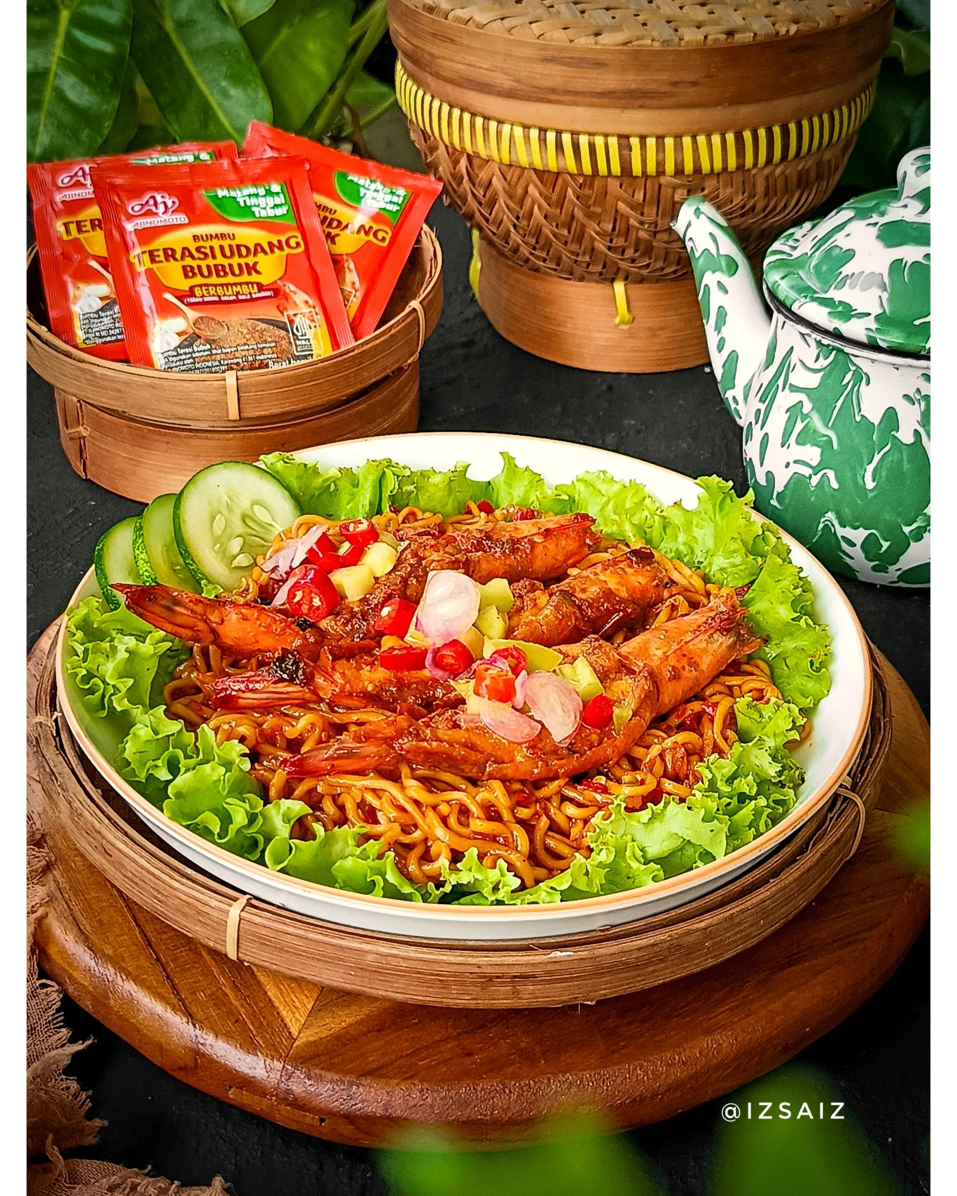 Mie Jebew belacan topping Udang bakar jimbaran