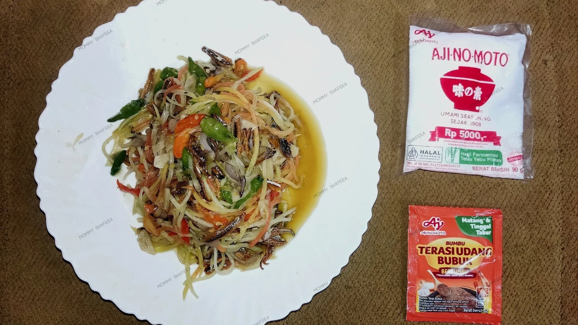 Tumis pepaya muda ikan teri ala TERASI UDANG BUBUK dan AJI-NO-MOTO ®