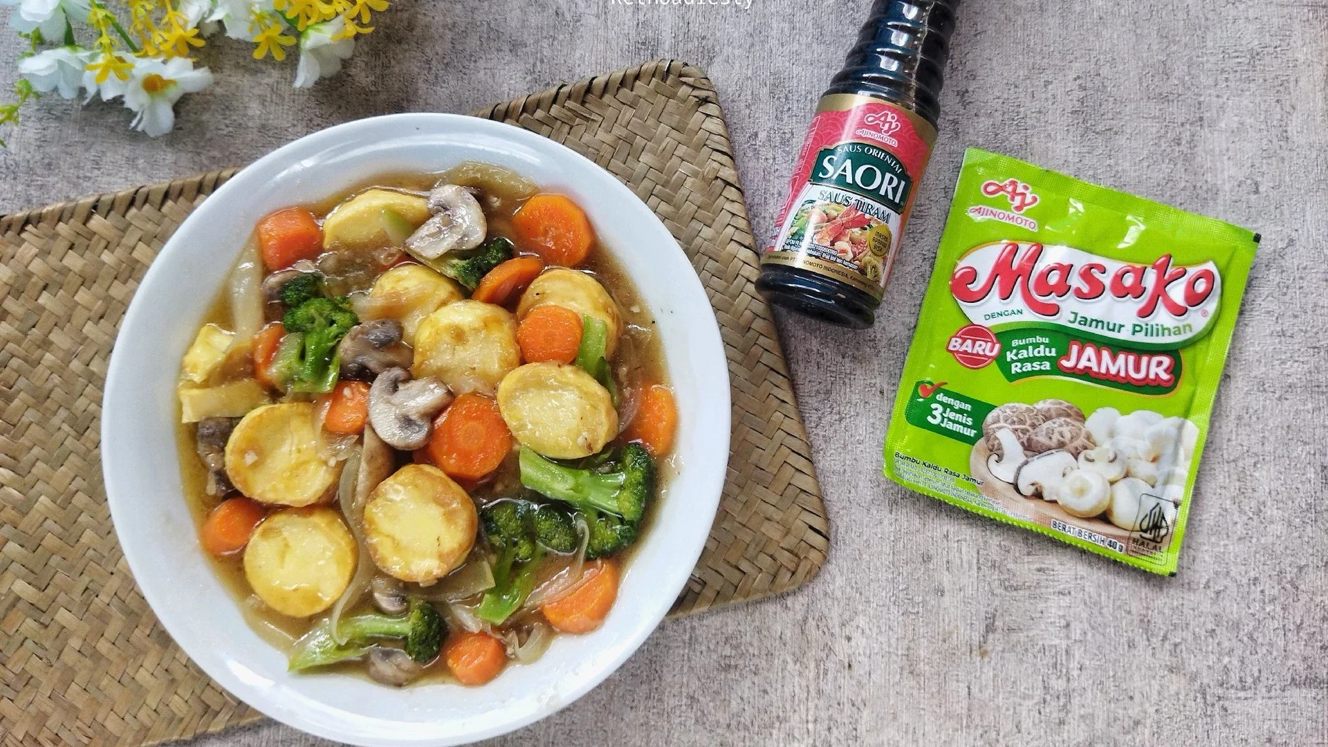 Tumis tofu brokoli jamur wortel 